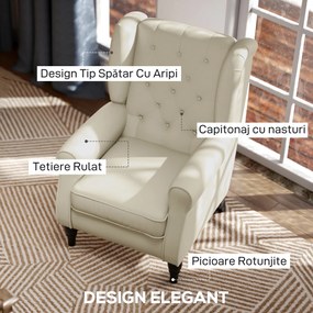 HOMCOM Scaun Decorativ Capitonat cu Spatar Inalt, Cotiere Rotunjite Captusite și Sezut cu Captuseala Groasa, Alb Crem | Aosom Romania