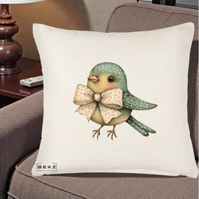 Perna Decorativa Pasare Teal cu Fundita cu Buline, 40x40 cm, Crem Reliefat, Husa Detasabila, Perna Inclusa, BEKZ®