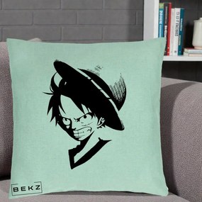 Perna Personalizata One Piece Luffy Silueta Alb-Negru, 40x40 cm, Verde Menta, Husa Detasabila, Perna Inclusa, BEKZ®
