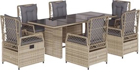 vidaXL Set de masă pentru grădină, 7 piese, cu perne, bej, poliratan