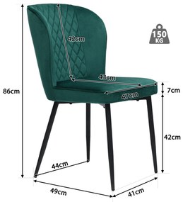 Set de 2 scaune de prânz, scaun tapițat cu spătar, șezut din catifea și structură metalică, 47×43×86 cm, Verde