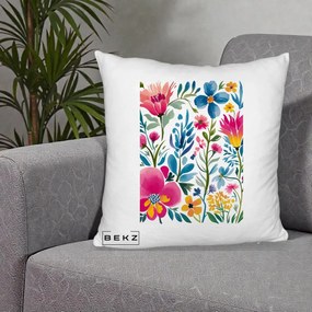 Perna Decorativa Gradina Florala Acuarela Colorata, 40x40 cm, Alb Pufos, Husa Detasabila, Perna Inclusa, BEKZ®