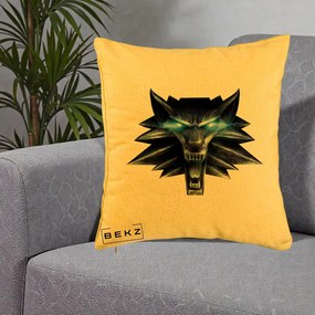 Perna Decorativa The Witcher Wolf Head, 40x40 cm, Galben, Husa Detasabila, Perna Inclusa, BEKZ®
