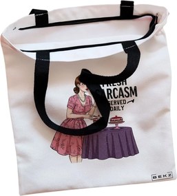 Sacosa de Panza pentru Cumparaturi, Geanta Tote, model Fresh sarcas, Served Daily, Cu fermoar, 38x34.5 cm, Alba, BEKZ®