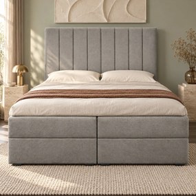 Pat boxspring din catifea Novella cu ladă 140×200 cm, gri deschis