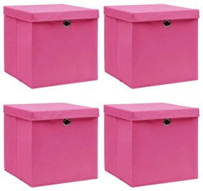 Cutii depozitare cu capace, 4 buc., roz, 32x32x32 cm, textil 4, Roz cu capace