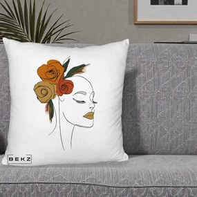 Perna Decorativa Portret Feminin Trandafiri Ruginii, 40x40 cm, Alb Pufos, Husa Detasabila, Perna Inclusa, BEKZ®