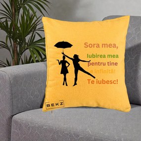 Cadou pentru Sora - Perna Personalizata Sora Mea Te Iubesc Siluete Colorate Umbrela, 40x40 cm, Galben, Husa Detasabila, Perna Inclusa, BEKZ®