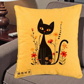 Perna Decorativa Pisica Neagra Ochi Galbeni Flori, 40x40 cm, Galben, Husa Detasabila, Perna Inclusa, BEKZ®