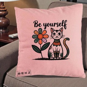 Perna Personalizata Be Yourself Pisica Folk, 40x40 cm, Roz, Husa Detasabila, Perna Inclusa, BEKZ®