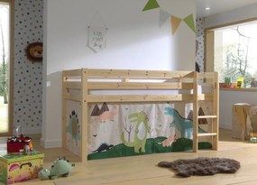 Pat supraetajat PINO, natur lăcuit, cu perdea de joacă DINO – Vipack