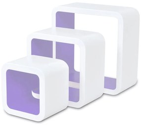 Rafturi cub suspendate, depozitare carti DVD, 3 buc, MDF alb-violet 3, Violet