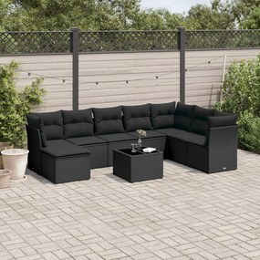 3218055 vidaXL Set mobilier de grădină cu perne, 9 piese, negru, poliratan