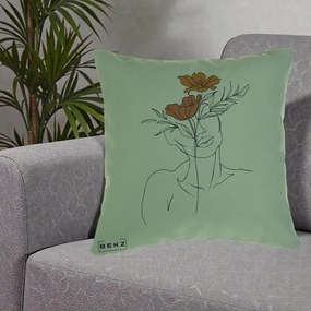 Perna Decorativa Portret Feminin Doua Flori, 40x40 cm, Verde, Husa Detasabila, Perna Inclusa, BEKZ®