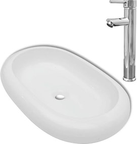 vidaXL Chiuvetă de baie cu robinet mixer, ceramic, oval, alb