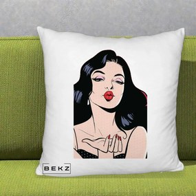 Perna Decorativa Femeie Pop-Art Kiss, 40x40 cm, Alb Pufos, Husa Detasabila, Perna Inclusa, BEKZ®