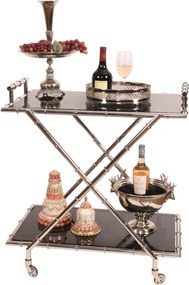 Cărucior de servire din oțel și sticlă, argintiu, cu două rafturi din sticlă, pe roți, cu picioare încrucișate, finisaj patinat, 88 x 82 x 56 cm,