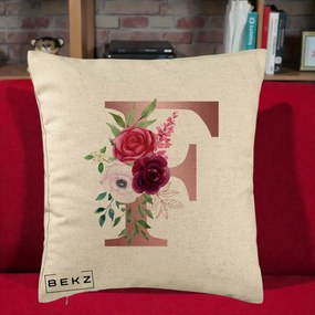 Cadou Personalizat - Perna Personalizata Monograma Rose Gold Litera F, 40x40 cm, Bej, Husa Detasabila, Perna Inclusa, BEKZ®