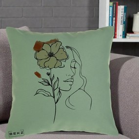 Perna Decorativa Portret Feminin Floare Bej Terracotta, 40x40 cm, Verde, Husa Detasabila, Perna Inclusa, BEKZ®