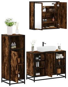 vidaXL Set mobilier de baie, 3 piese, stejar fumuriu, lemn prelucrat