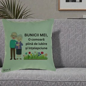 Cadou pentru Bunici - Perna Personalizata Bunicii Mei Comoara Cuplu Senior cu Flori Colorat, 40x40 cm, Verde, Husa Detasabila, Perna Inclusa, BEKZ®
