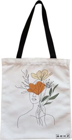 Sacosa de Panza pentru Cumparaturi, Geanta Tote, Flower Lady 3, Cu fermoar, 38x34.5 cm, Alba, BEKZ®