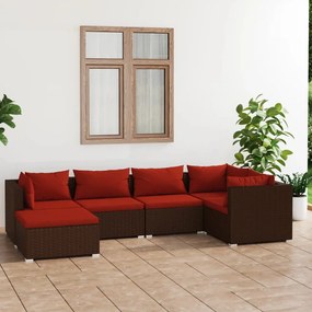 Set mobilier de gradina cu perne, 6 piese, maro, poliratan maro si rosu, 3x colt + 2x mijloc + suport pentru picioare, 1