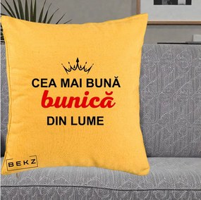 Cadou pentru Bunica - Perna Personalizata Cea Mai Buna Bunica Din Lume Coroana Neagra, 40x40 cm, Galben, Husa Detasabila, Perna Inclusa, BEKZ®