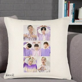 Perna Personalizata K-pop BTS Colaj 7 Portrete cu Inimi Lila, 40x40 cm, Crem Reliefat, Husa Detasabila, Perna Inclusa, BEKZ®