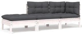 vidaXL Set mobilier grădină cu perne, 3 piese, alb, lemn masiv pin