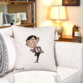 Perna Personalizata Mr. Bean Caricatura, 40x40 cm, Bej cu Franjuri, Husa Detasabila, Perna Inclusa, BEKZ®