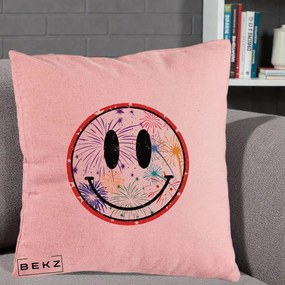 Perna Decorativa Smiley Face cu Artificii Multicolore, 40x40 cm, Roz, Husa Detasabila, Perna Inclusa, BEKZ®