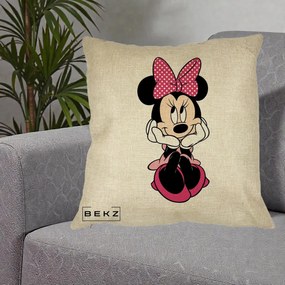 Perna Personalizata Minnie Mouse cu Fundita, 40x40 cm, Crem, Husa Detasabila, Perna Inclusa, BEKZ®