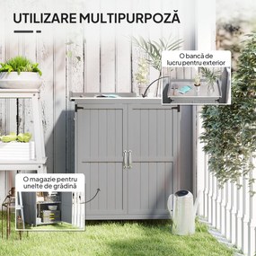Outsunny Dulap de Exterior, Dulap pentru Ustensile cu Blat din Metal și Raft, Banc de Lucru din Lemn cu 2 Uși pentru Grădină, Terasă, Curte, Gri | Aosom Romania