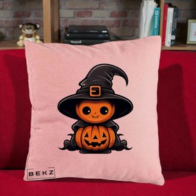 Perna Decorativa Halloween Dovleac Vrajitor Kawaii, 40x40 cm, Roz, Husa Detasabila, Perna Inclusa, BEKZ®