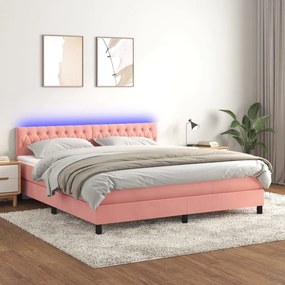 Pat continental cu saltea  LED, roz, 180x200 cm, catifea Roz, 180 x 200 cm, Design cu nasturi