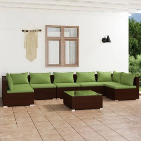 Set mobilier de gradina cu perne, 8 piese, maro, poliratan maro si verde, 2x colt + 5x mijloc + masa, 1