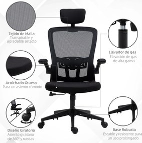 Vinsetto Scaun de Birou din Plasă Scaun de Birou Rotativ cu Înălțime Reglabilă Brațe Rabatabile Suport de Cap Reglabil 65x64x114-122 cm Negru | Aosom Romania