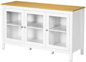 HOMCOM Bufet mobilier de depozitare cu 3 uși din sticlă 2 rafturi reglabile aspect de lemn deschis 120 x 40 x 70 cm alb | Aosom Romania