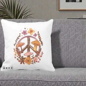 Perna Decorativa Peace Sign Ciuperci Floral, 40x40 cm, Alba Mata, Husa Detasabila, Perna Inclusa, BEKZ®