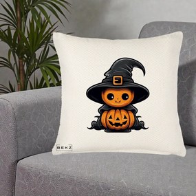 Perna Decorativa Halloween Dovleac Vrajitor Kawaii, 40x40 cm, Crem Reliefat, Husa Detasabila, Perna Inclusa, BEKZ®