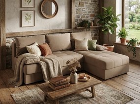 Coltar extensibil de colt VENORIA SLIM, bej, reversibil, 200x143 cm + 2 perne GRATUIT