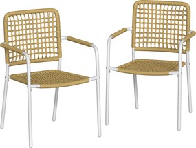 Outsunny Set de 2 scaune de grădină stivuibile din rășină împletită cu cotiere și spătar, 55x57x82cm, galben | Aosom Romania