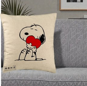 Perna Personalizata Snoopy cu Inima, 40x40 cm, Bej, Husa Detasabila, Perna Inclusa, BEKZ®