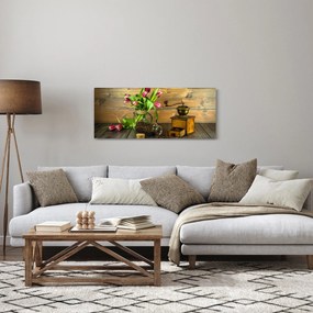 Tablou - lalele, râșniță și cafea (120x50 cm)