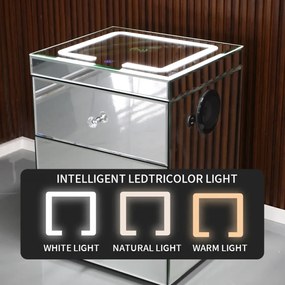 RESIGILAT- Noptieră inteligentă multifuncțională, din sticla tip oglindă, 3 sertare, LED-uri tactile, 3 tipuri de culoare, încărcare fără fir si USB, Difuzor Bluetooth, sticla securizata, 40x40x60 cm