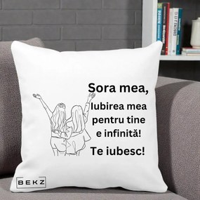 Cadou pentru Sora - Perna Personalizata Sora Mea Te Iubesc Line Art Doua Fete cu Brate Ridicate, 40x40 cm, Alba Mata, Husa Detasabila, Perna Inclusa, BEKZ®