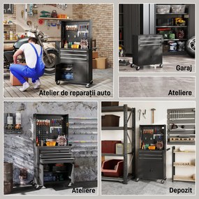 HOMCOM Cărucior de Scule din Oțel cu Blat de Lucru, 3 Sertare, Dulap, Panouri Perforate, Roți, Negru | Aosom Romania