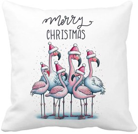 Perna Decorativa cu tematica de Craciun, Flamingo si Text, 40x40 cm, Alba, Mata, Husa Detasabila, Burduf