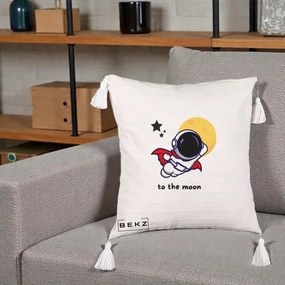 Perna Decorativa Astronaut To The Moon, 40x40 cm, Bej cu Franjuri, Husa Detasabila, Perna Inclusa, BEKZ®